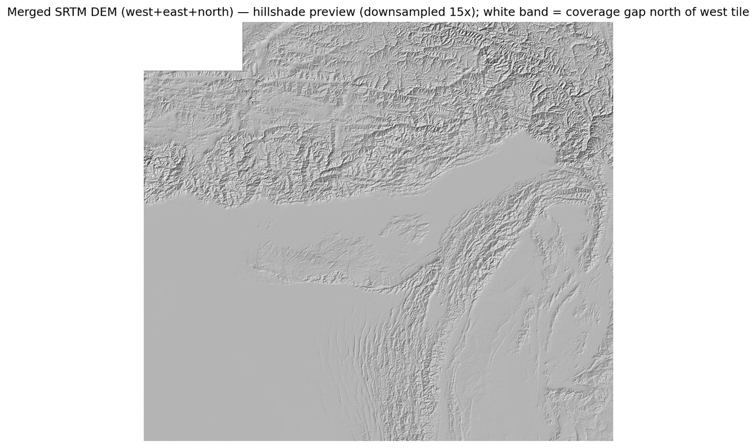 Hillshade rendering of the merged three-tile SRTM digital elevation model of the Eastern Himalaya